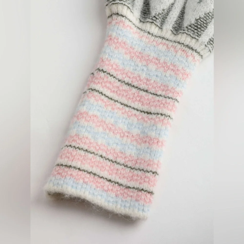 CIDER Ruffle Cream Pink Blue Knit Sweater w Balloon Sleeves like LOVESHACK FANCY